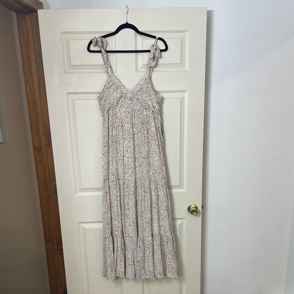 Express cream with pink and black dot shoulder tie maxi dress